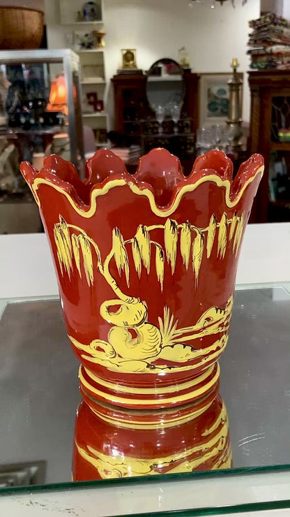 Vintage Italian Hand Painted Red Yellow Tole Cache Style Ceramic Pot
