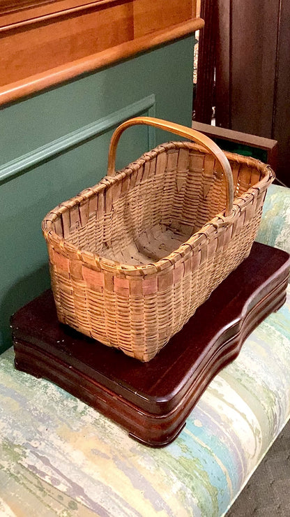20th Century Vintage Splint Wood Angular Form Handled Rectangular Basket