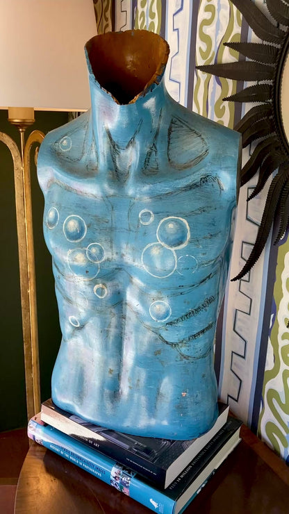 Vintage Hand-Painted Blue Bubble Mannequin Male Torso Sculpture