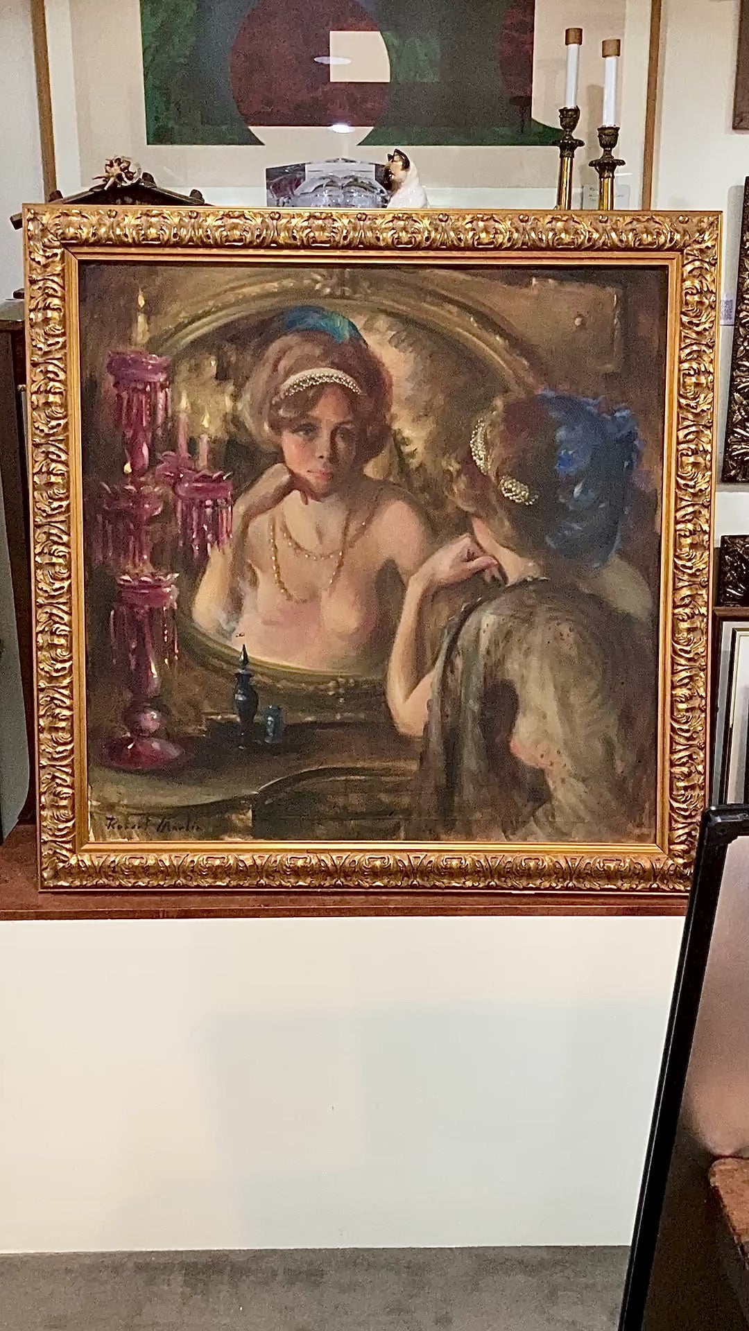 Antique Inspired Woman in Mirror Robert Martin (1918-1998) Framed Oil Canvas Painting