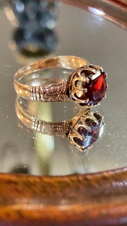 Antique Yellow Gold Filled Hand Engraved Square Cut Faux Red Ruby Petite Ring