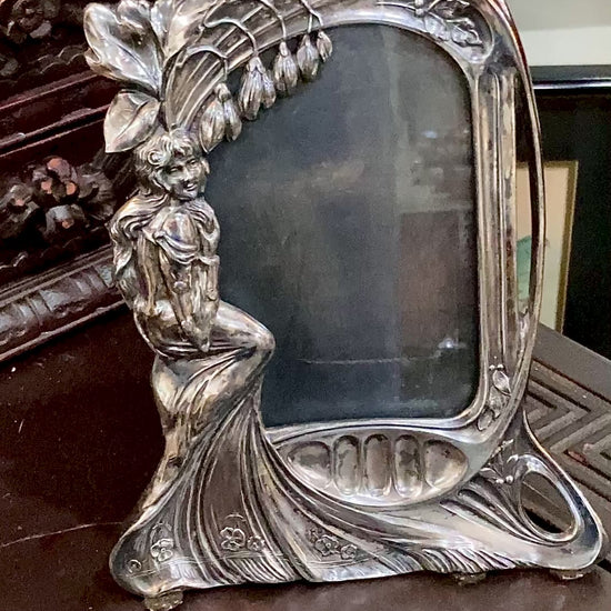 Antique 1900s Austrian Art Nouveau Silvered Pewter Figural Picture Frame Video