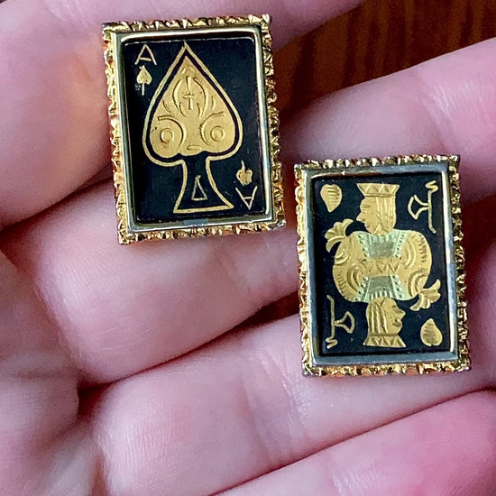 Vintage Swank Damascene Gold Plated Black Playing Card Cufflinks