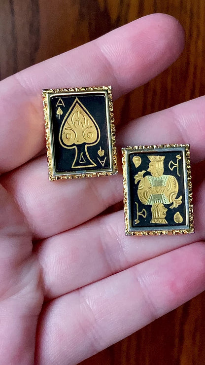 Vintage Swank Damascene Gold Plated Black Playing Card Cufflinks