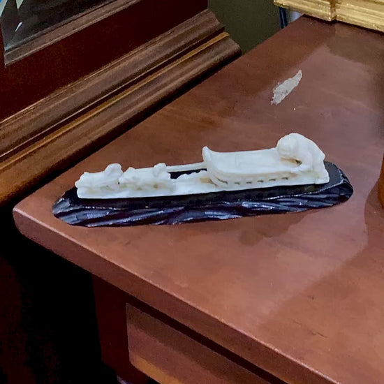 Vintage Hand Carved Bone Inuit Figure Sleigh Dogs Miniature Sculpture on Base