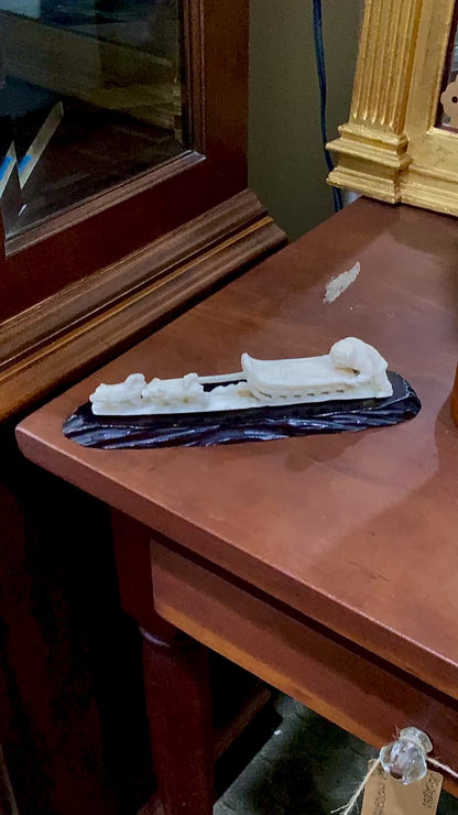 Vintage Hand Carved Bone Inuit Figure Sleigh Dogs Miniature Sculpture on Base