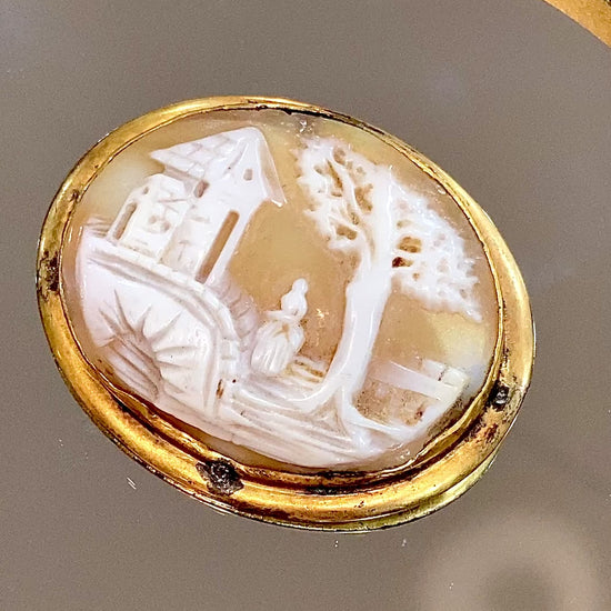 Antique Late 19th Century Gold Filled Landscape Shell Cameo Oval Brooch Pin