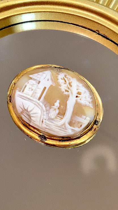 Antique Late 19th Century Gold Filled Landscape Shell Cameo Oval Brooch Pin