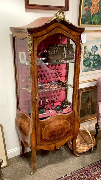 Vintage Louis XV Style Marquetry Inlay Wood Brass Accent Vitrine Curio Cabinet