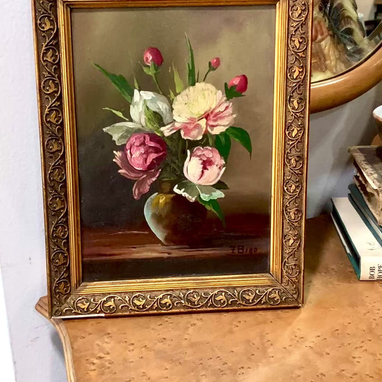 Vintage Floral Pink Peony Bouquet Still Life Framed Small Oil Painting