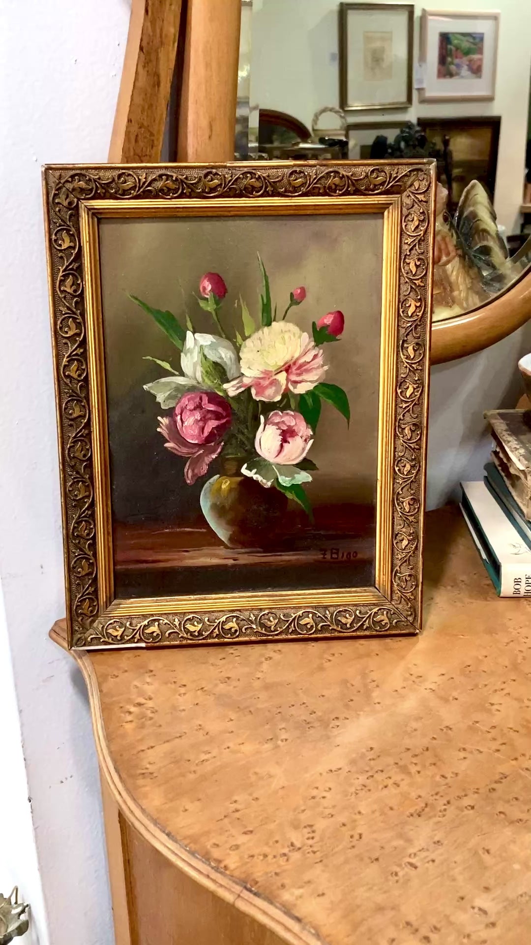 Vintage Floral Pink Peony Bouquet Still Life Framed Small Oil Painting