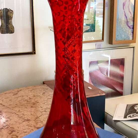 Vintage Blenko #6928 Handblown Ruby Red Wavy Tall Vase