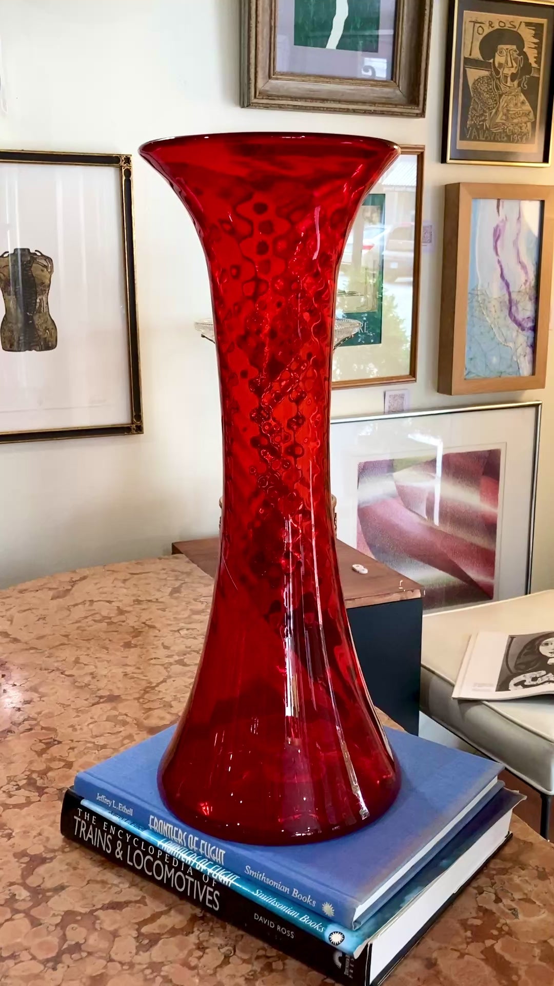 Vintage Blenko #6928 Handblown Ruby Red Wavy Tall Vase