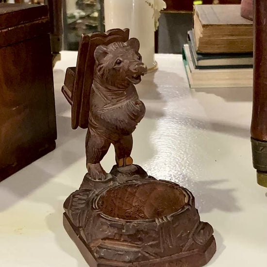 Antique Black Forest Matchbox Holder Ashtray Wooden Carved Bear Figurine