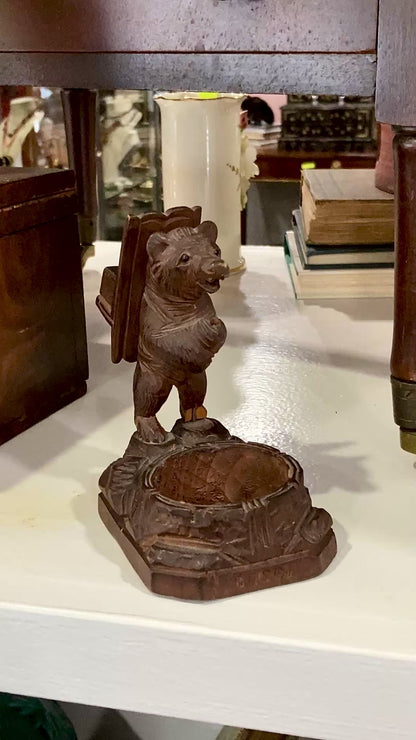 Antique Black Forest Matchbox Holder Ashtray Wooden Carved Bear Figurine
