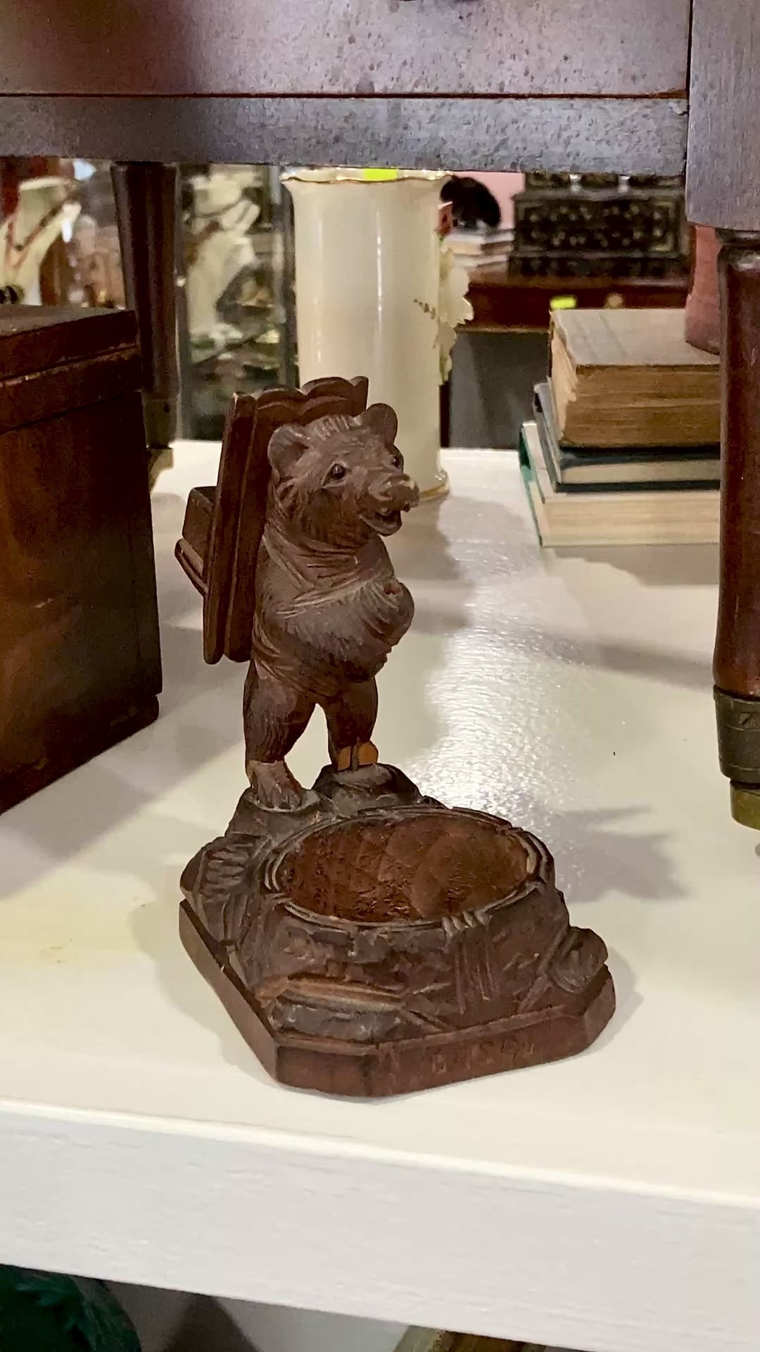 Antique Black Forest Matchbox Holder Ashtray Wooden Carved Bear Figurine
