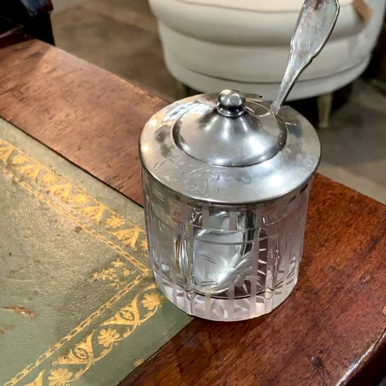 Vintage Sterling Silver Lidded Clear Etched Glass American Mustard Pot Jar