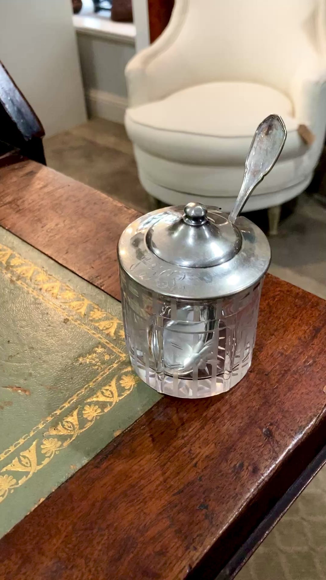 Vintage Sterling Silver Lidded Clear Etched Glass American Mustard Pot Jar