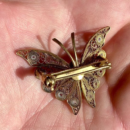 Vintage Enameled 800 Silver Filigree Butterfly Brooch Clip Earrings Set