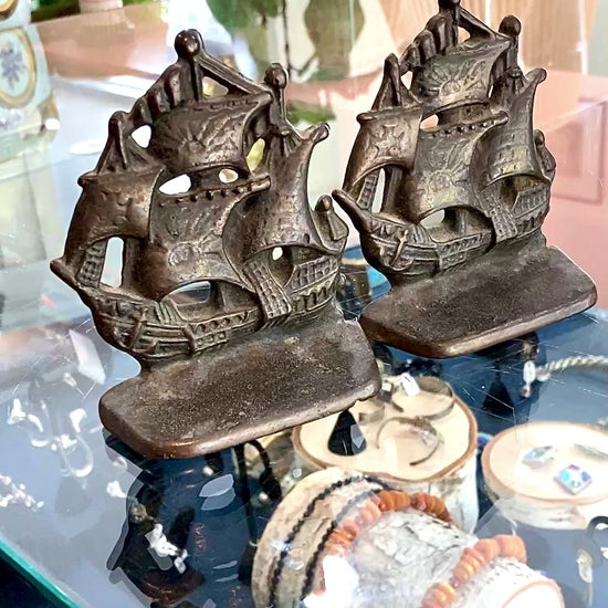 Pair Vintage Bronze Cast Metal Sailboat Pirate Ship Sculptural Bookends
