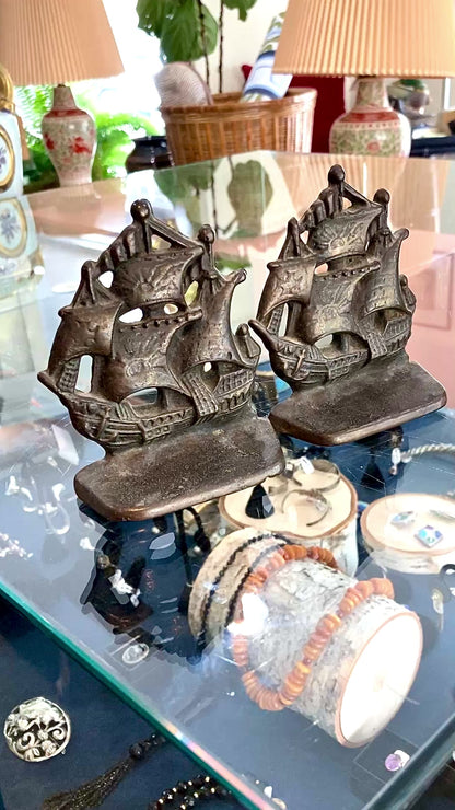 Pair Vintage Bronze Cast Metal Sailboat Pirate Ship Sculptural Bookends