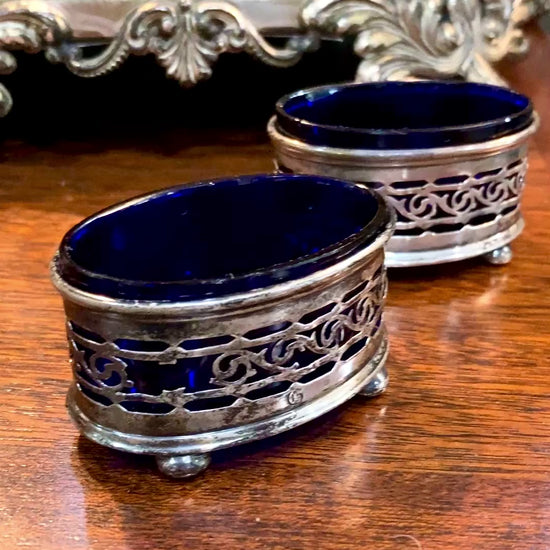 Antique Pair 1908 Gorham Cobalt Glass Lined Sterling Silver Footed Salt Cellars