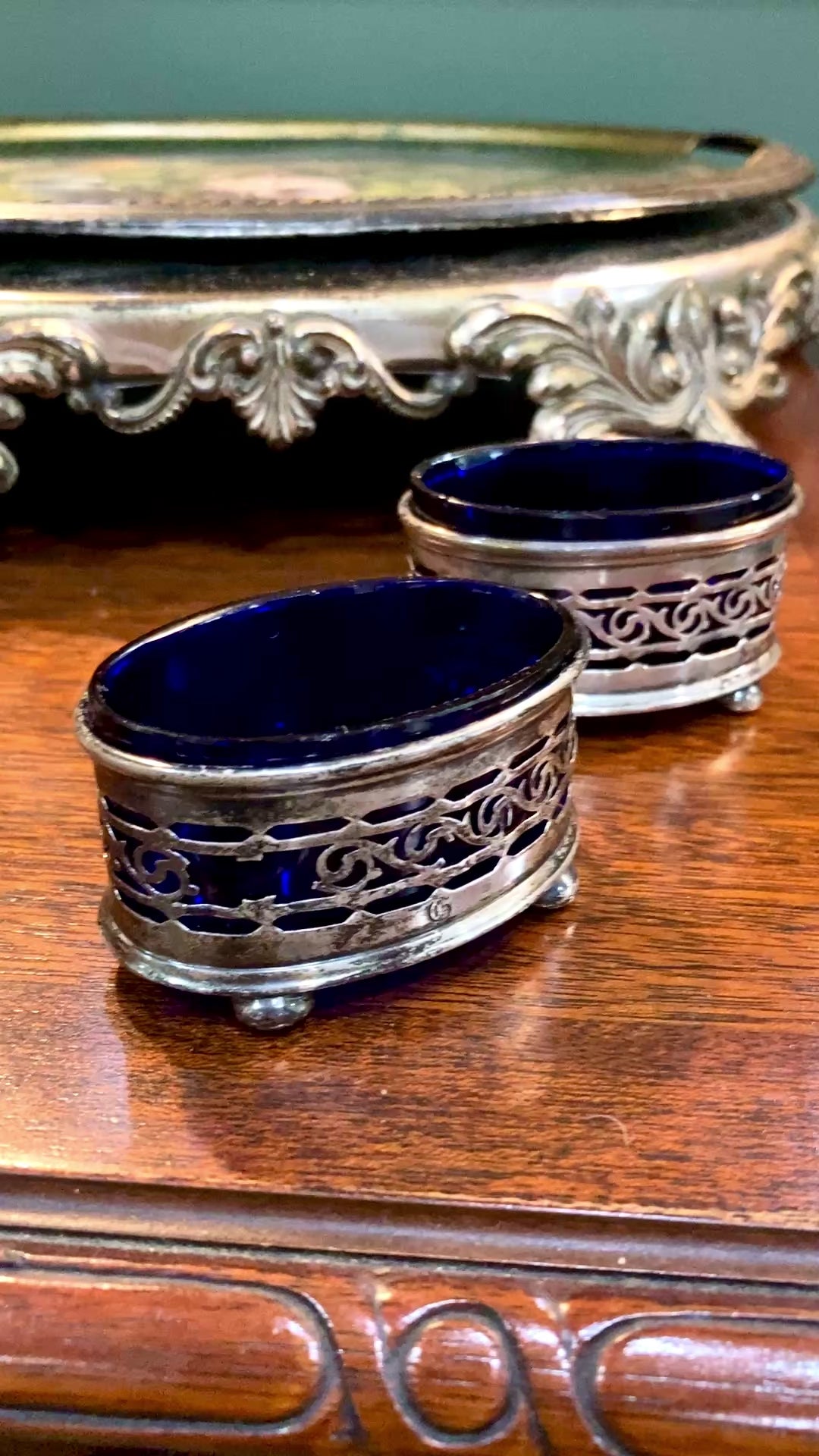 Antique Pair 1908 Gorham Cobalt Glass Lined Sterling Silver Footed Salt Cellars