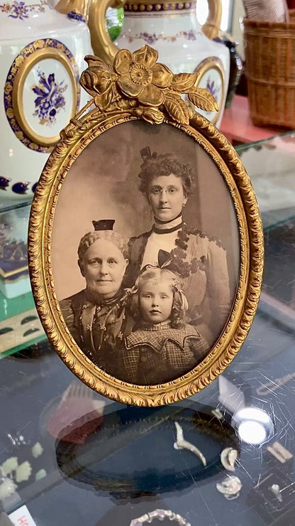 Antique Victorian Old Photograph Italian Floral Oval Metal Tabletop Picture Frame