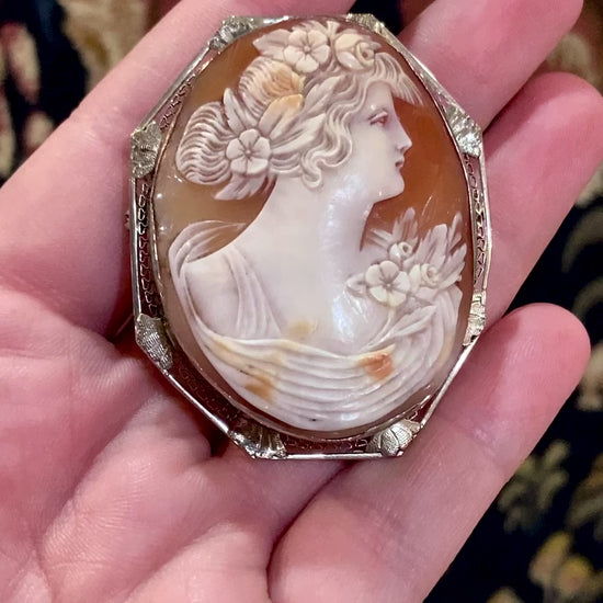 Antique 14K White Gold Carved Pink Shell Grecian Cameo Brooch Pendant video