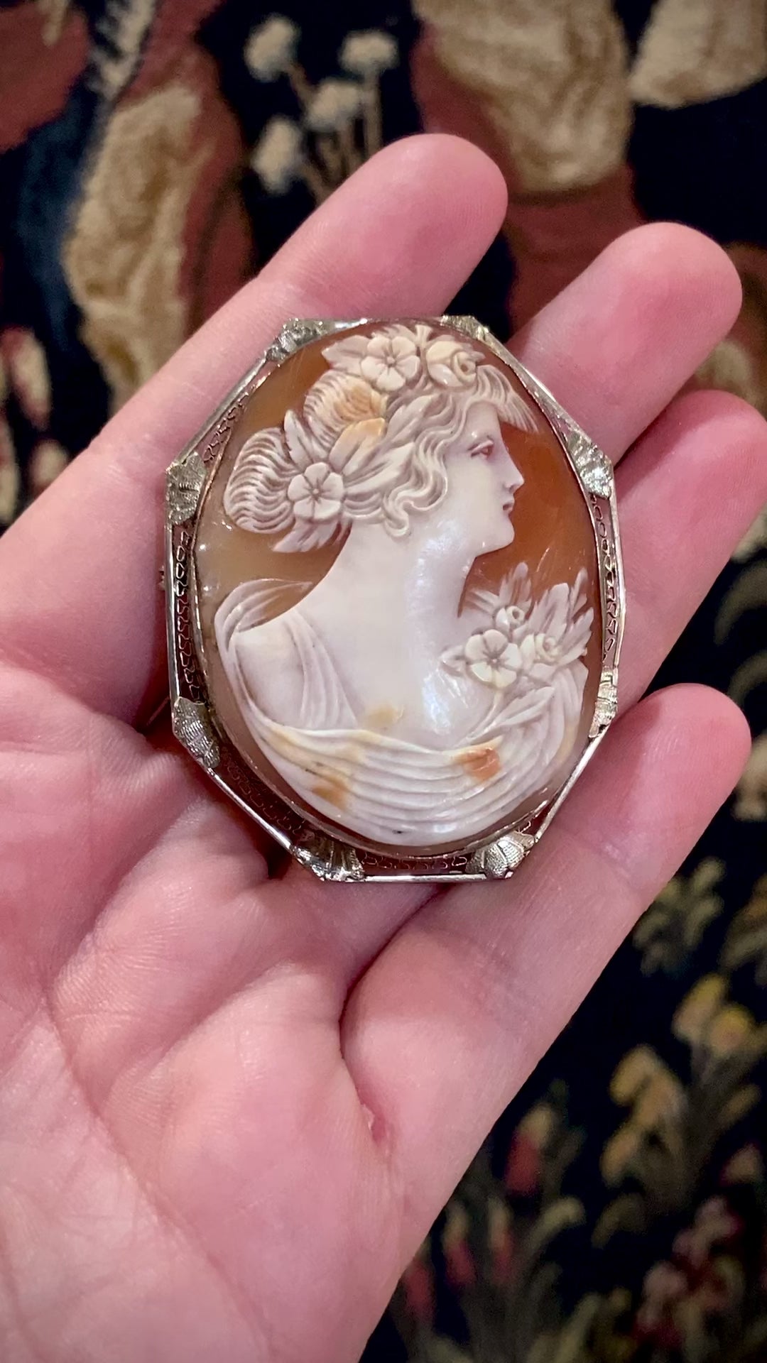 Antique 14K White Gold Carved Pink Shell Grecian Cameo Brooch Pendant video