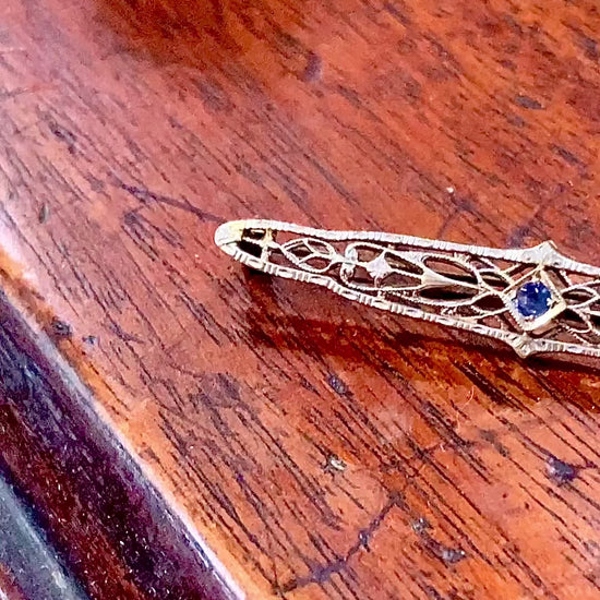 Antique Art Deco 14K Yellow Gold Blue Gemstone Filigree Bar Pin Brooch Video