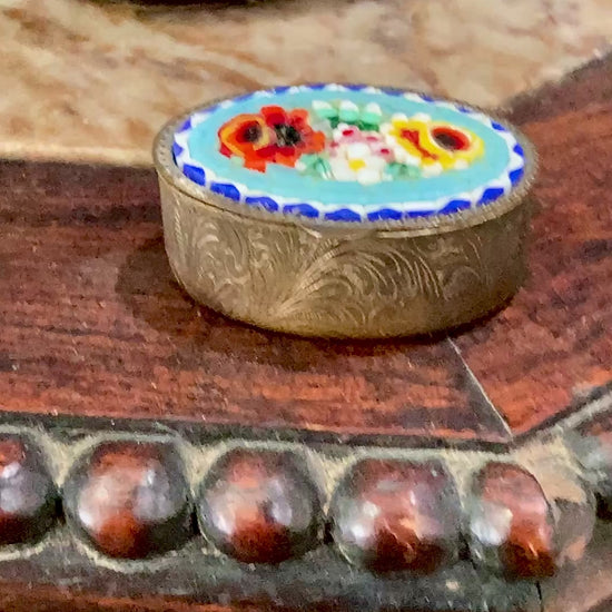 Vintage Mid Century Italian Glass Micro-Mosaic Floral Motif Trinket Pill Box