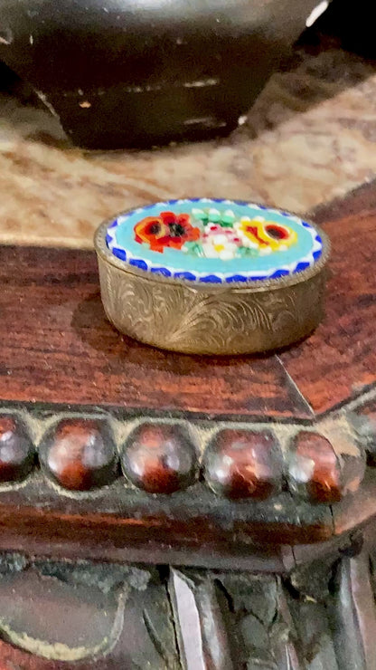 Vintage Mid Century Italian Glass Micro-Mosaic Floral Motif Trinket Pill Box