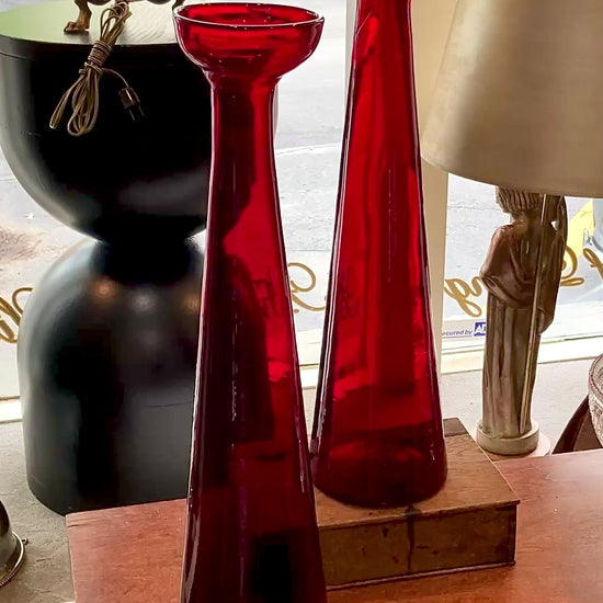Pair Vintage Blenko Handblown Ruby Red Cup Rim Tall Tapered Vases