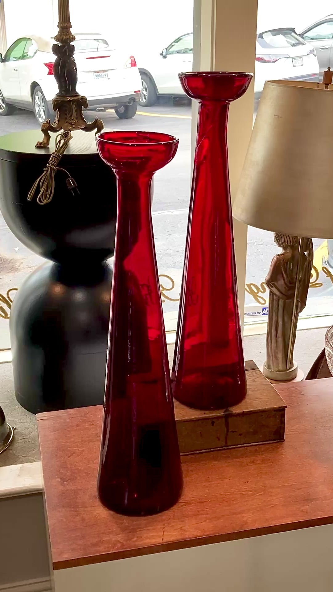 Pair Vintage Blenko Handblown Ruby Red Cup Rim Tall Tapered Vases