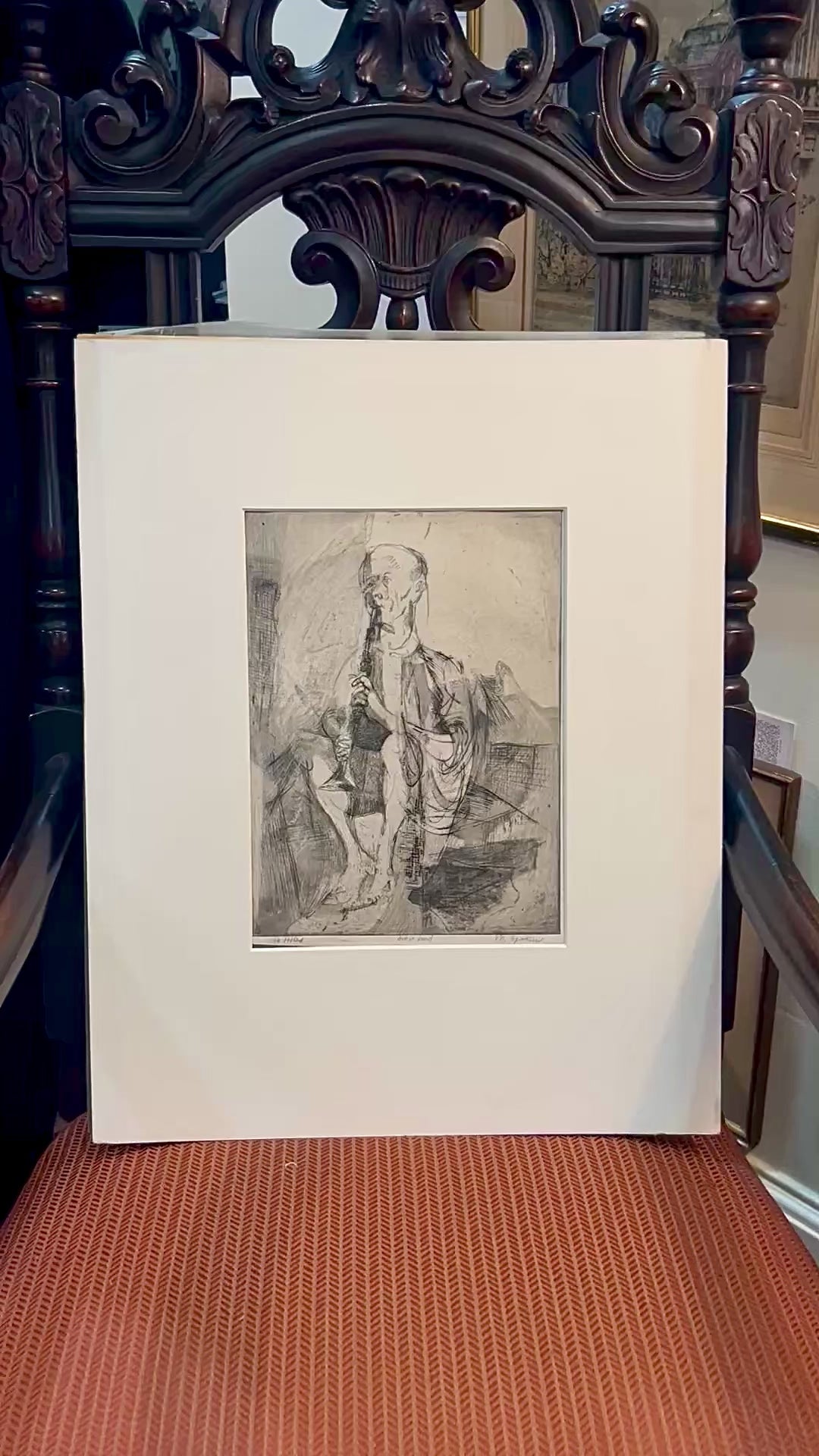 Vintage Cleveland Artist Marion Epstein Unframed Musician Clarinet Gestural Figural Etching Print