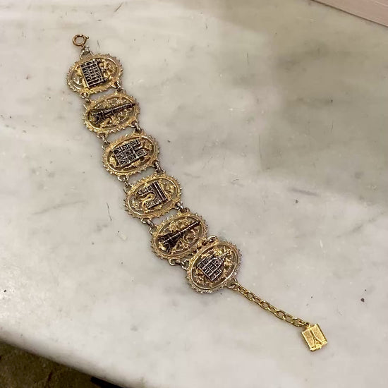 Vintage Silver Gold Filigree Paris France Landmark Architectural Bracelet