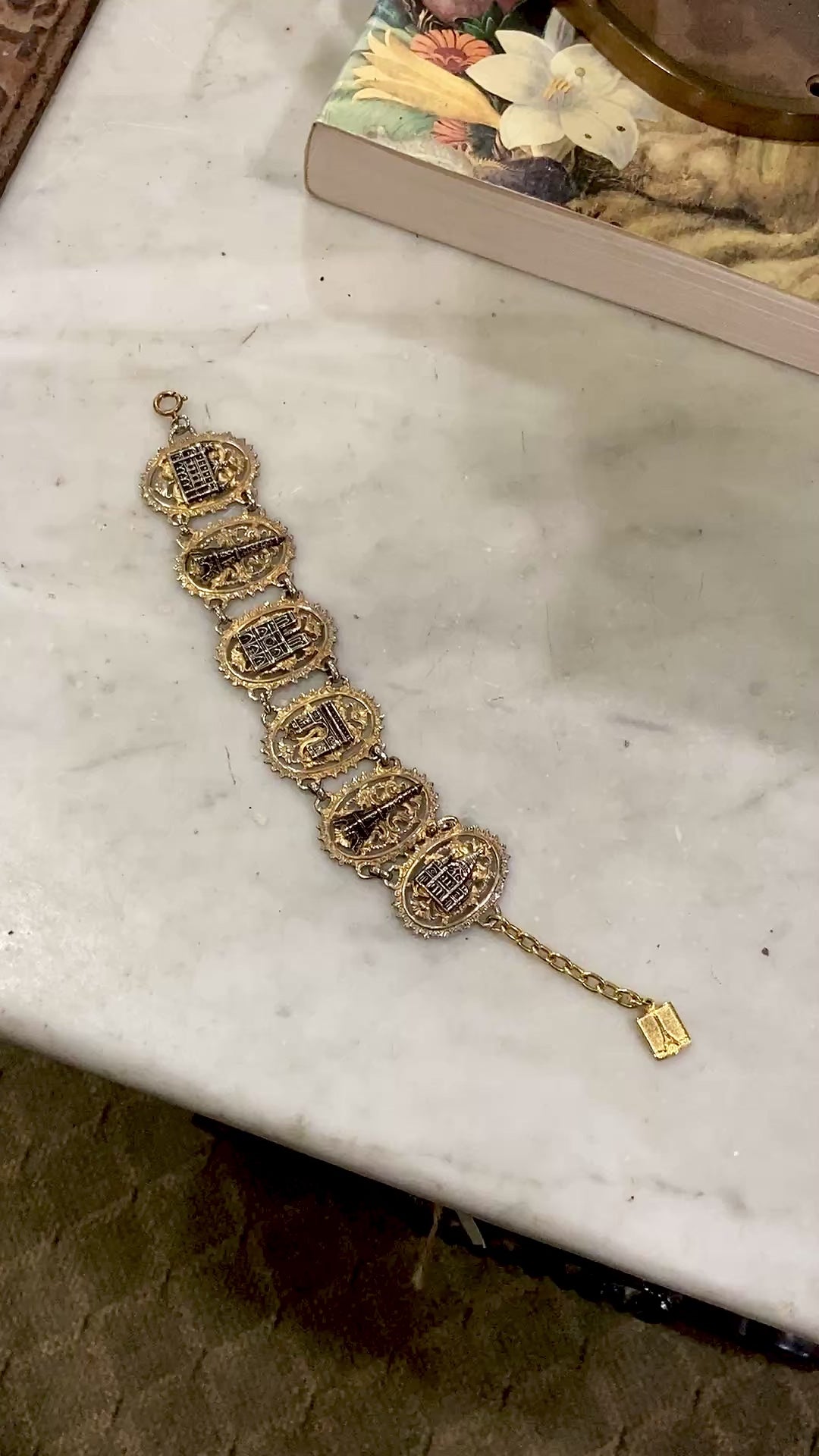 Vintage Silver Gold Filigree Paris France Landmark Architectural Bracelet