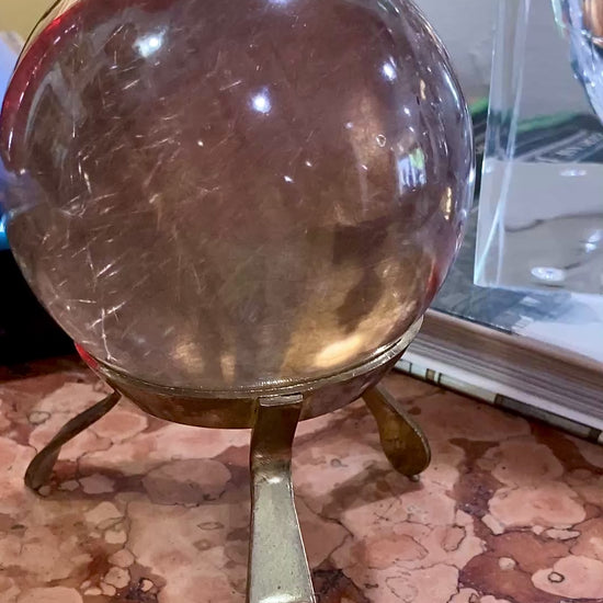 Vintage Yellow Tourmaline Stone Sphere Crystal Ball Brass Footed Stand
