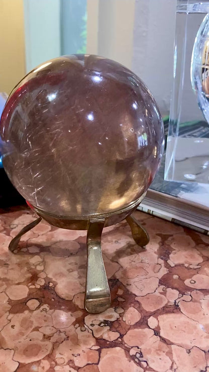 Vintage Yellow Tourmaline Stone Sphere Crystal Ball Brass Footed Stand