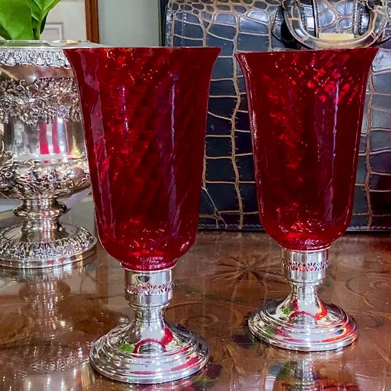Pair Vintage Gorham Sterling Silver Red Swirl Glass Hurricane Shade Candlesticks