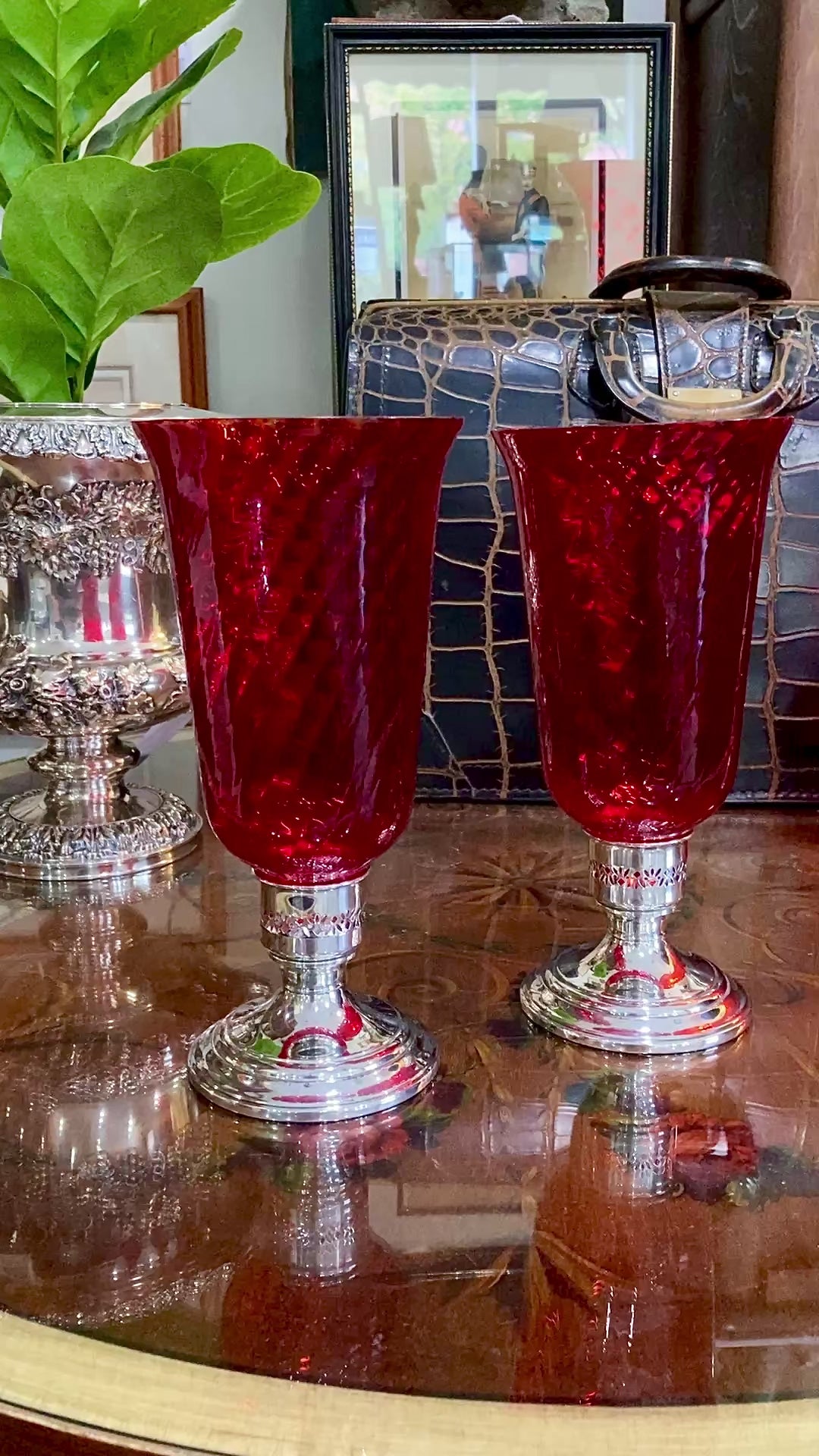 Pair Vintage Gorham Sterling Silver Red Swirl Glass Hurricane Shade Candlesticks
