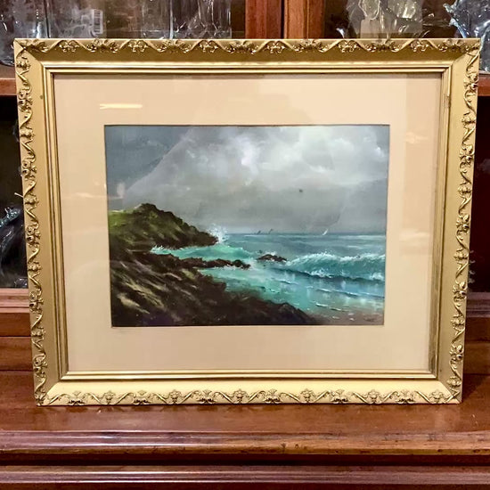 Antique Early 20th Century Seashore Landscape Framed Pastel Drawing