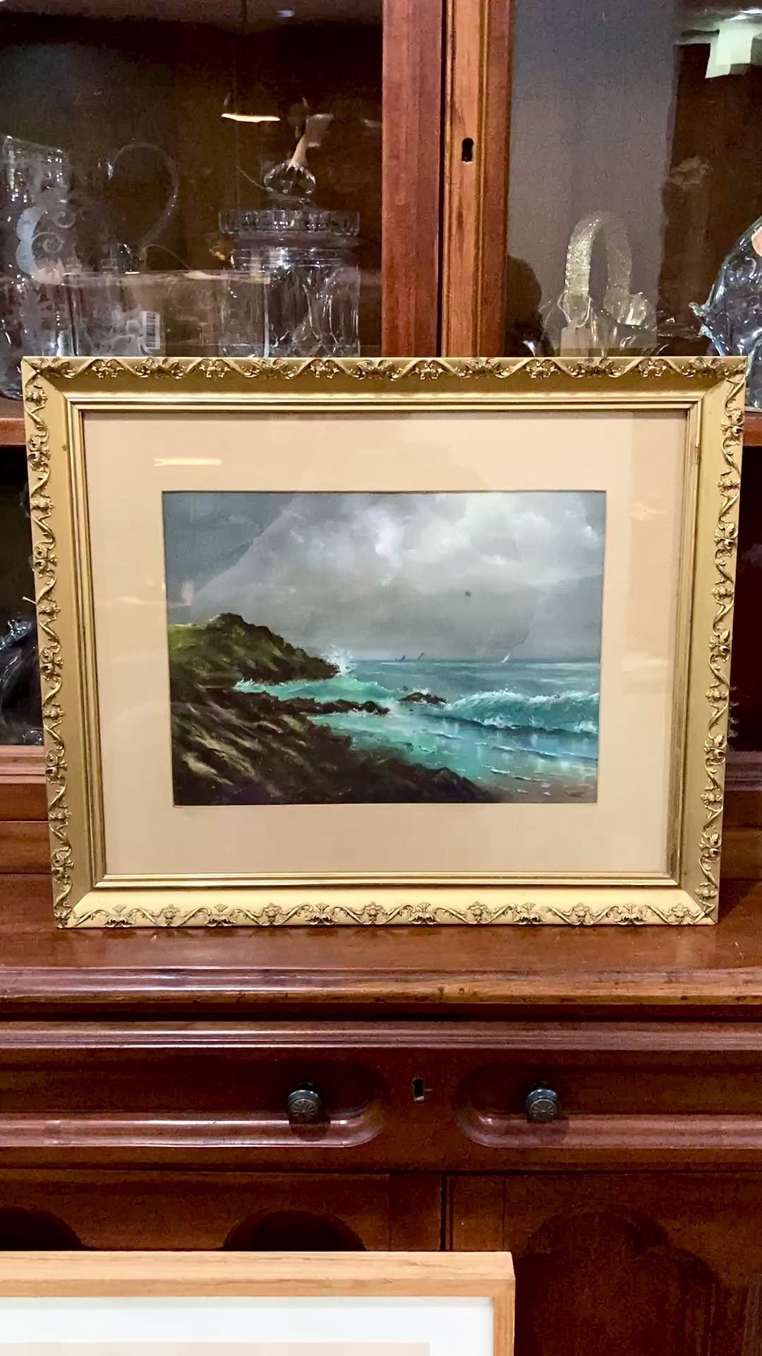 Antique Early 20th Century Seashore Landscape Framed Pastel Drawing