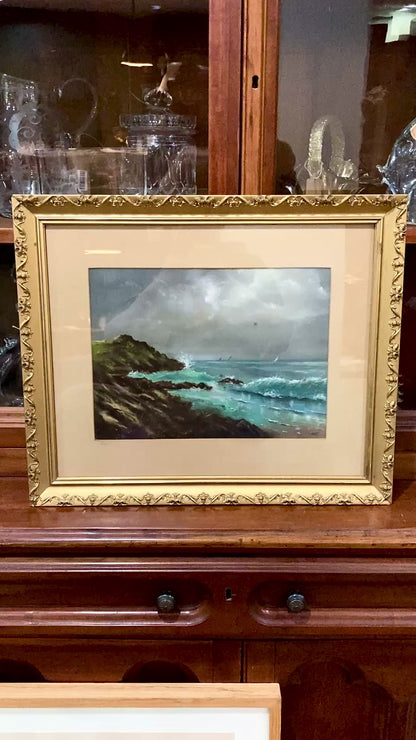Antique Early 20th Century Seashore Landscape Framed Pastel Drawing