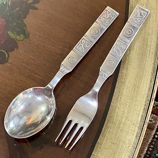 Vintage Dutch Sterling Silver Sailboat Horse Motif Childs Spoon Fork Silverware Set
