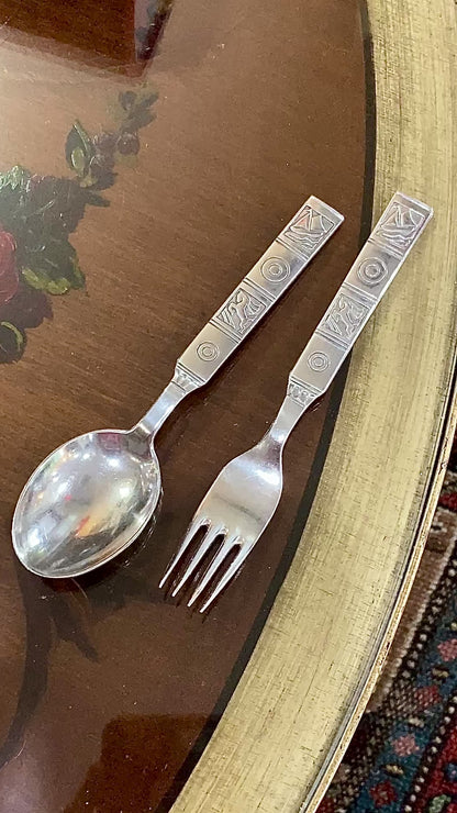 Vintage Dutch Sterling Silver Sailboat Horse Motif Childs Spoon Fork Silverware Set