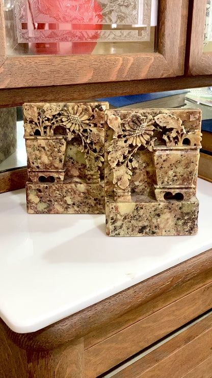 Pair Vintage Hand Carved Planter Pot Chinese Soapstone Bookends