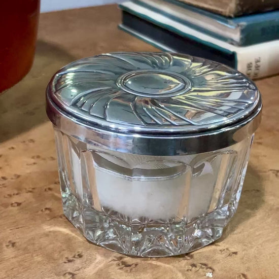 Vintage Towle Sterling Silver Mirror Lidded Clear Glass Powder Jar with Puff
