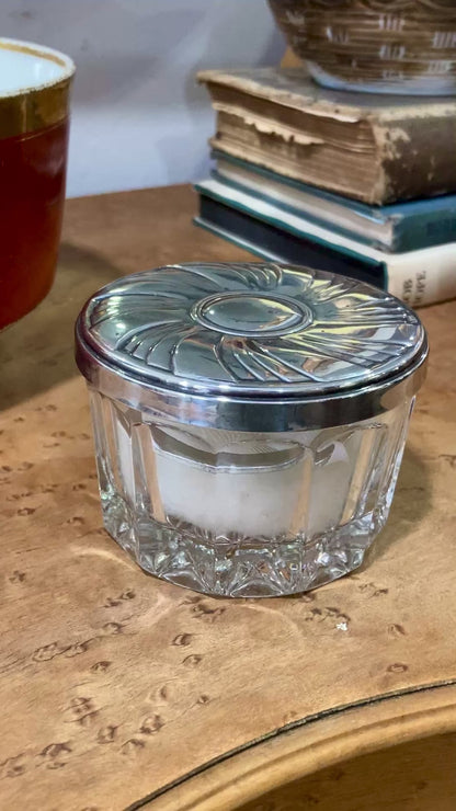 Vintage Towle Sterling Silver Mirror Lidded Clear Glass Powder Jar with Puff